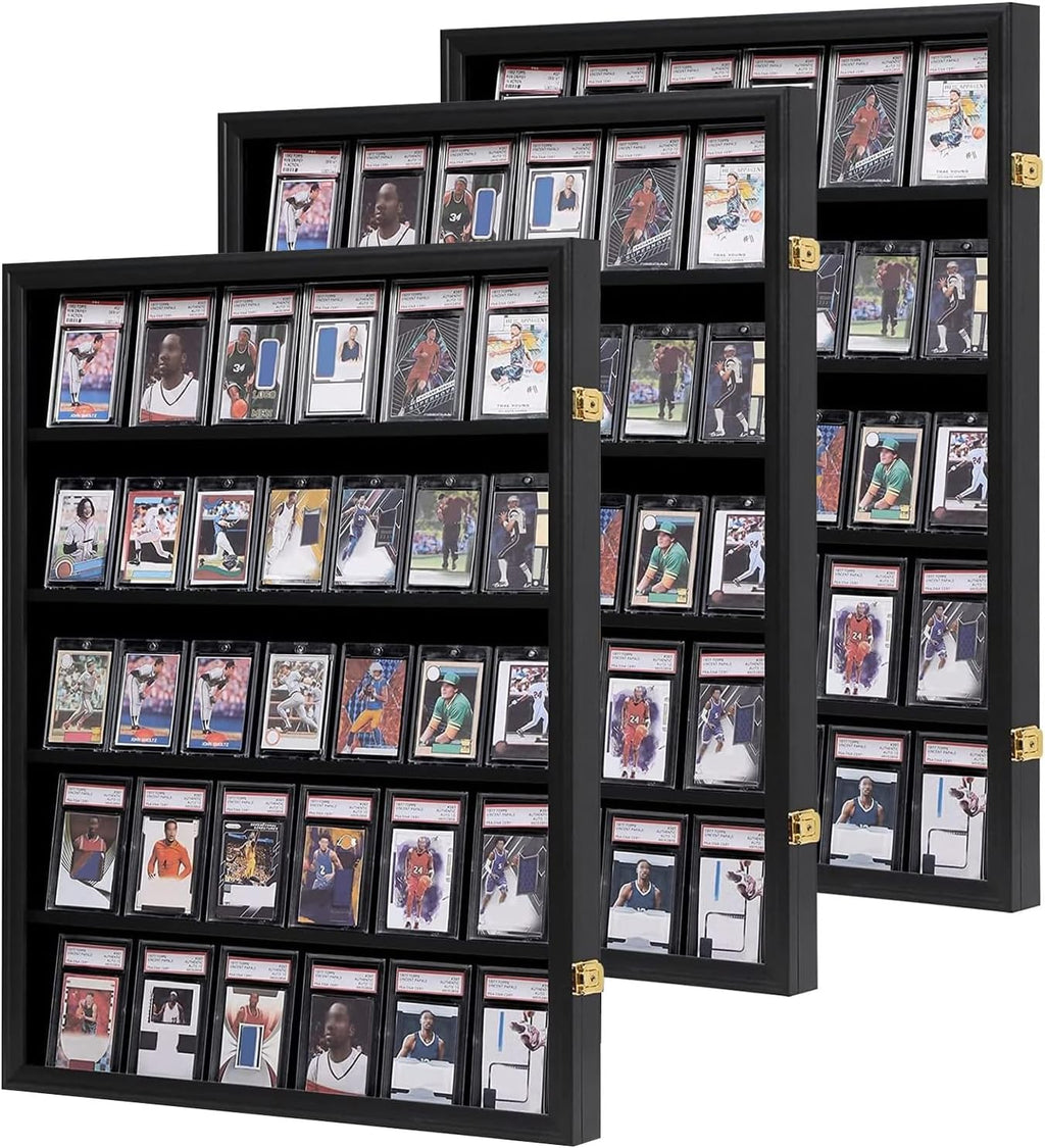 VERANI Baseball Card Display Case - 35 Graded Sports Card Display Frame - Holds Sport Cards with UV Protection Clear View Lockable Wall Cabinet for Football Basketball Trading Card Vertical - 3Pack