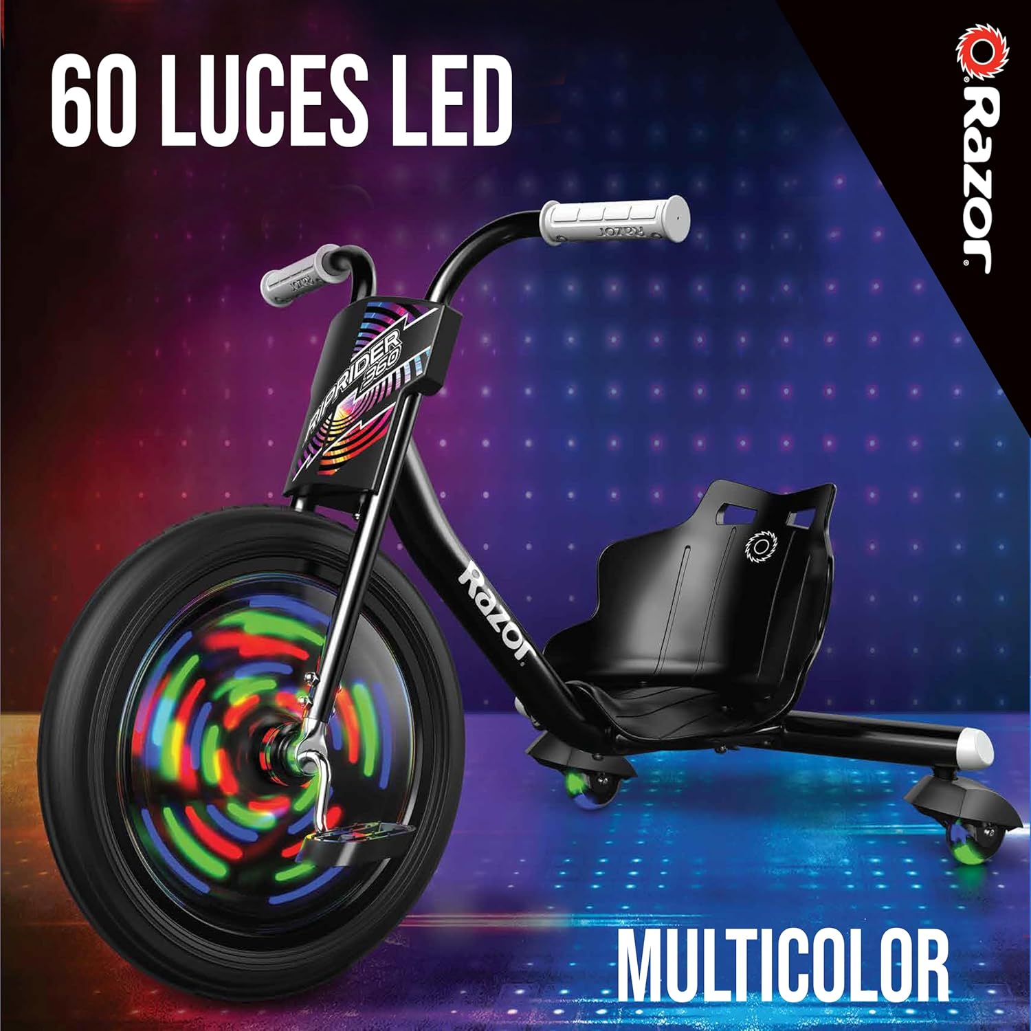 Razor RipRider 360 Lightshow – Trike with Rear Casters and with Motion-Activated Multi-Color Lights, 3 Wheeled Drifting Ride-On for Kids Ages 5 and Up