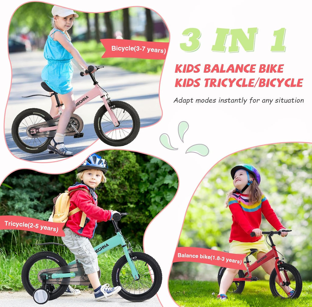3-in-1 Montessori Balance Bike,Tri-Purpose of Kids Balance Bikes and Toddler Tricycles/Bikes，for 2 3 4 5 6 7 Years Old-14 inch Balance Bike with Training Theory, Pedal Kit, Training Wheels,Brakes