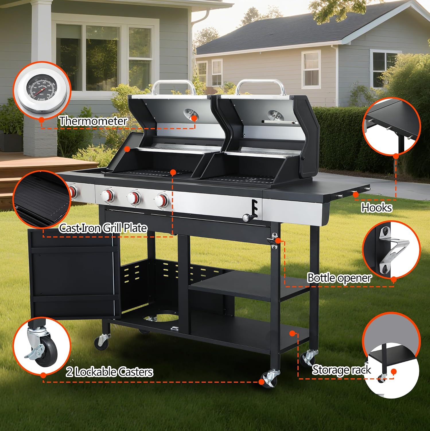 Charcoal and 3-Burner Propane Gas Combo Grill with Side Burner & Porcelain-enameled Cast Iron Grates, Dual Fuel BBQ Combo Grill for Outdoor Cooking
