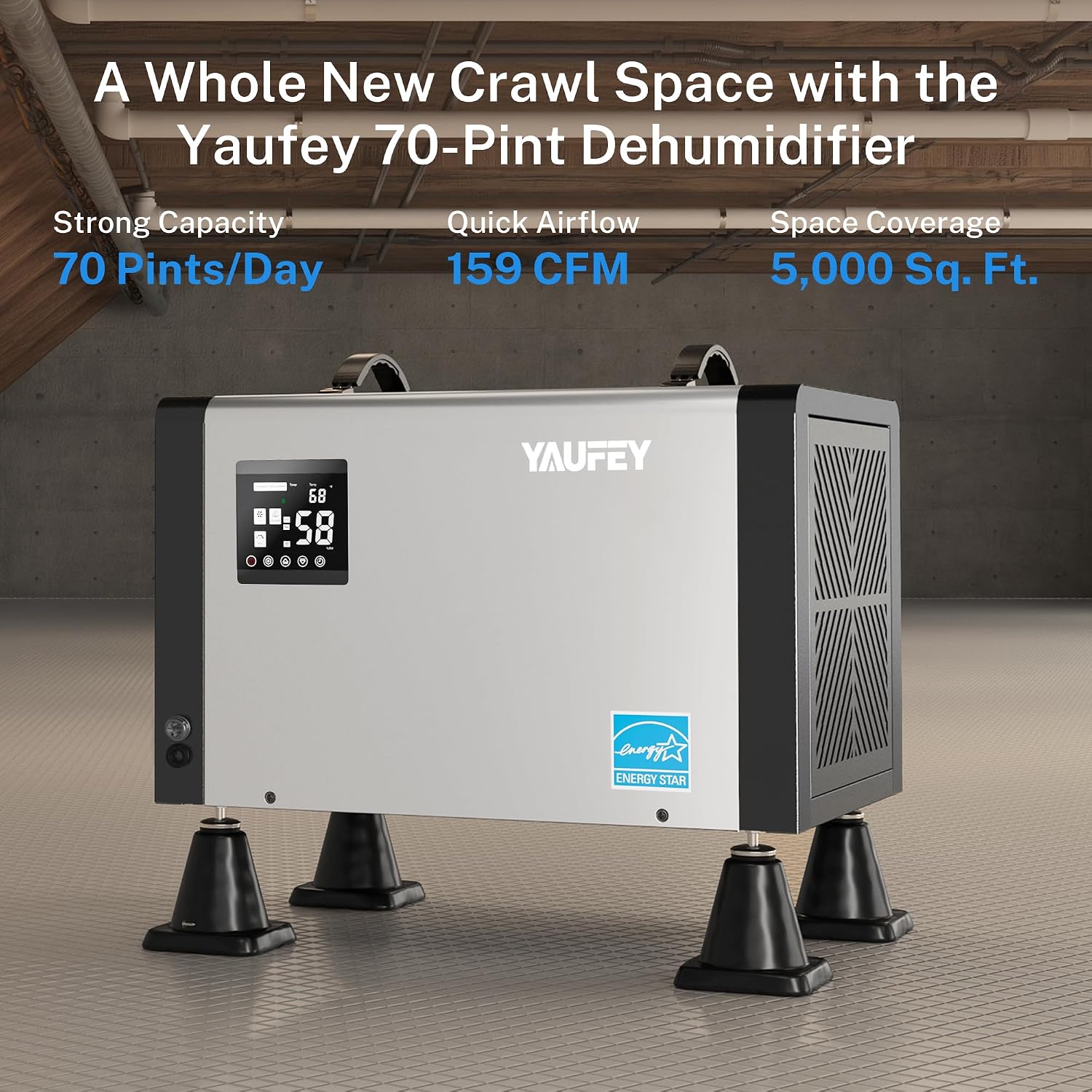 Yaufey 70 Pints Energy Star Commercial Dehumidifier with Pump for 5000 Sq. Ft. Crawl Space, Basement, Industrial, 10-90% RH Humidity Control, 24/7 Continuous Drainage, TUV Certified, 5-Year Coverage