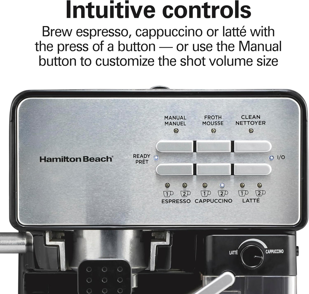 Hamilton Beach Slide and Lock Espresso Machine, Programmable Coffee Maker for Café-Quality Cappuccino & Latte, 15 Bar Pump, Milk Frother Steamer Wand, 70 oz. Removable Reservoir, Black (40750)