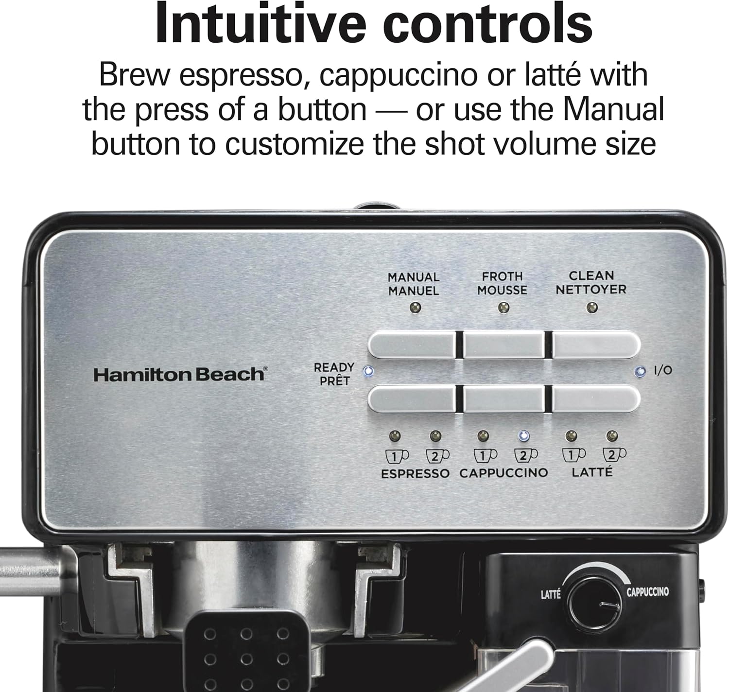 Hamilton Beach Slide and Lock Espresso Machine, Programmable Coffee Maker for Café-Quality Cappuccino & Latte, 15 Bar Pump, Milk Frother Steamer Wand, 70 oz. Removable Reservoir, Black (40750)