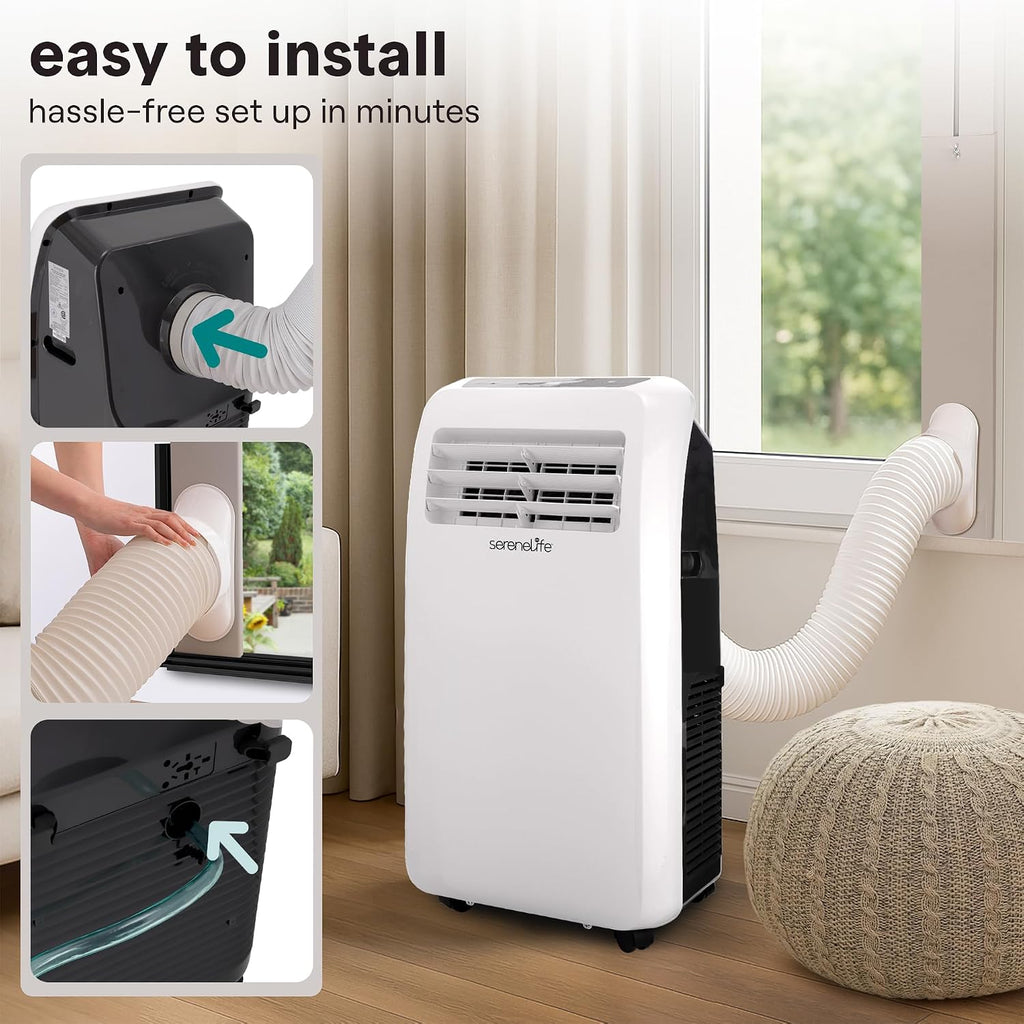 SereneLife Portable Air Conditioner with Heat & Built-in Dehumidifier 10,000 BTU, Portable Heater & AC for Rooms up to 450 Sq Ft - Remote Control & Window Mount Exhaust Kit Included