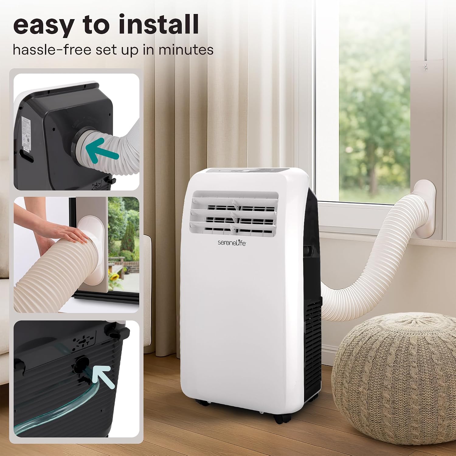SereneLife Portable Air Conditioner with Heat & Built-in Dehumidifier 10,000 BTU, Portable Heater & AC for Rooms up to 450 Sq Ft - Remote Control & Window Mount Exhaust Kit Included