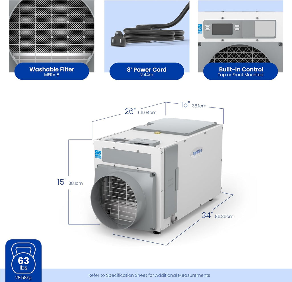 AprilAire E100 Pro 100-Pint Whole-House Dehumidifier, Energy Star Certified, Commercial-Grade Whole-Home Dehumidifier for Basement, Crawlspace, or Whole House up to 5,500 sq. ft.
