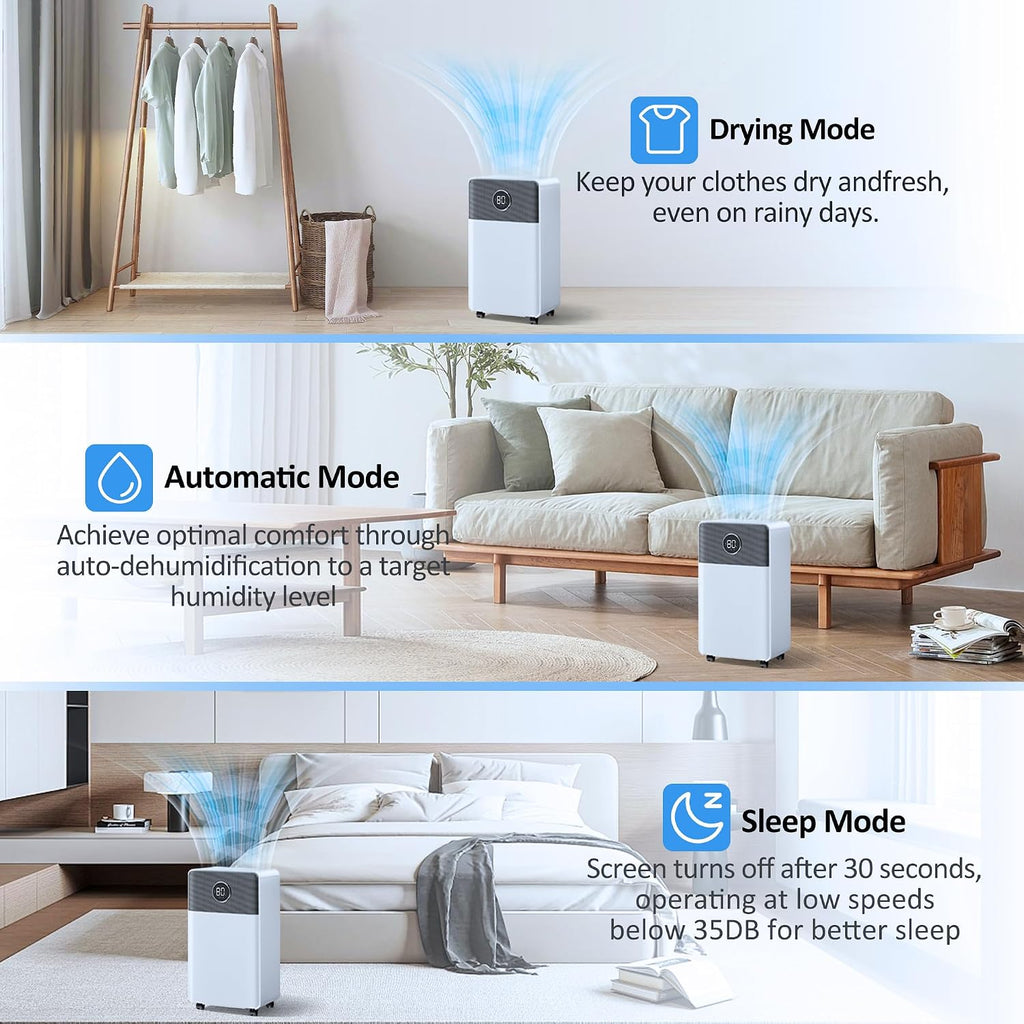 2500 Sq.Ft Dehumidifier with Drain Hose for Basement and Home Large Bedroom Bathroom, 35 Pints Dehumidifiers with Auto Shut Off, Intelligent Humidity Control, Auto Defrost, 3 Modes, 24HR Timer