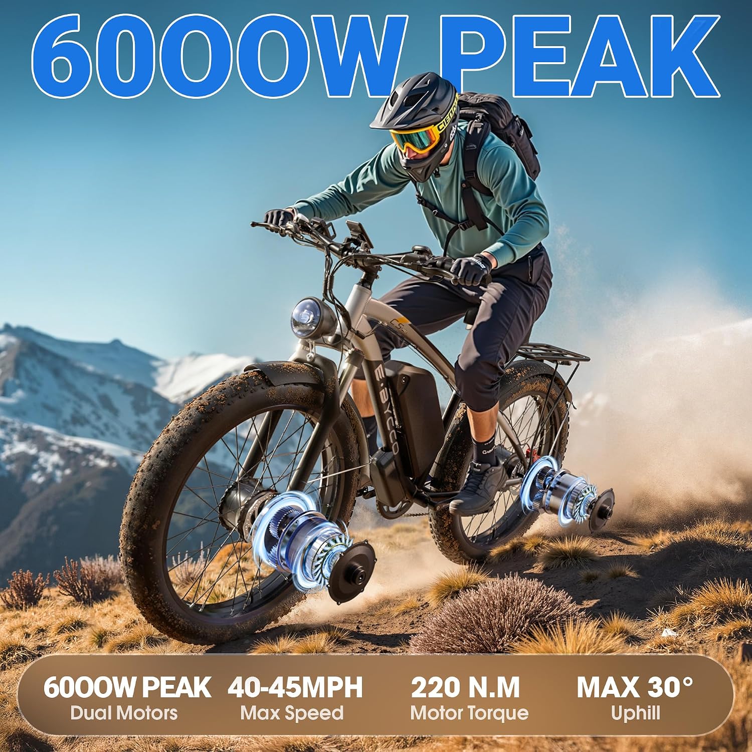 E·Bycco Peak 6000W Dual Motor Electric Bike for Adults, 47MPH 105 Miles Range, 52V 32AH Battery 24' x4.0 Fat Tire Hydraulic Disc Brakes Fast Off-Road E-Bicycle