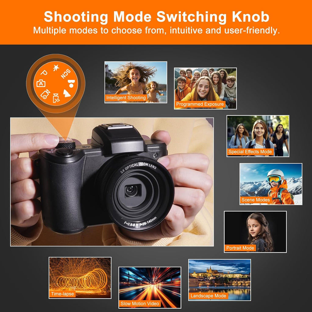5K Digital Camera 64MP Cameras for Photography, 5X Optical Zoom Compact Travel Camera Front and Rear Dual Cameras Vlogging Camera for YouTube with 3.2' IPS Touchscreen, 64G TF Card, 2 Batteries