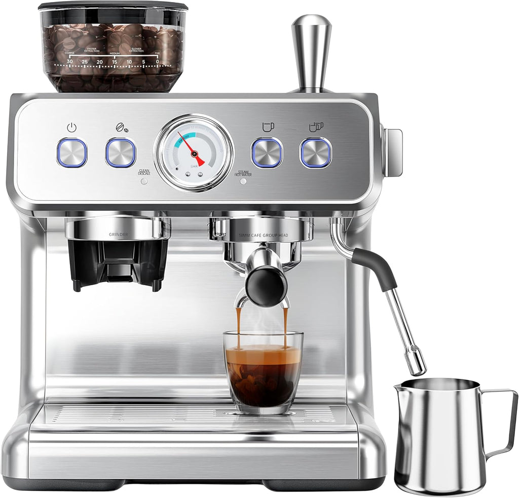 Kndko Espresso Machine with Grinder, 20 Bar Automatic Espresso Maker with Milk Frother Steam Wand, Removable Water Tank, Latte & Cappuccino Machine for Home Barista