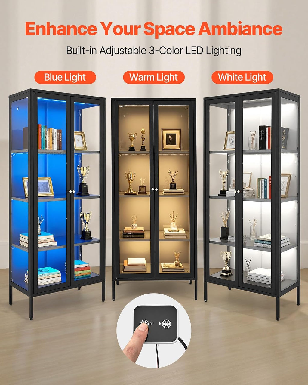 VEVOR Display Cabinet with Glass Door, 66 in Tall 4-Tier Lighted Display Case with 3 Color Lights, Metal Storage Cabinet with 3 Adjustable Shelves, Curio Cabinet for Collectibles Figures Trophy