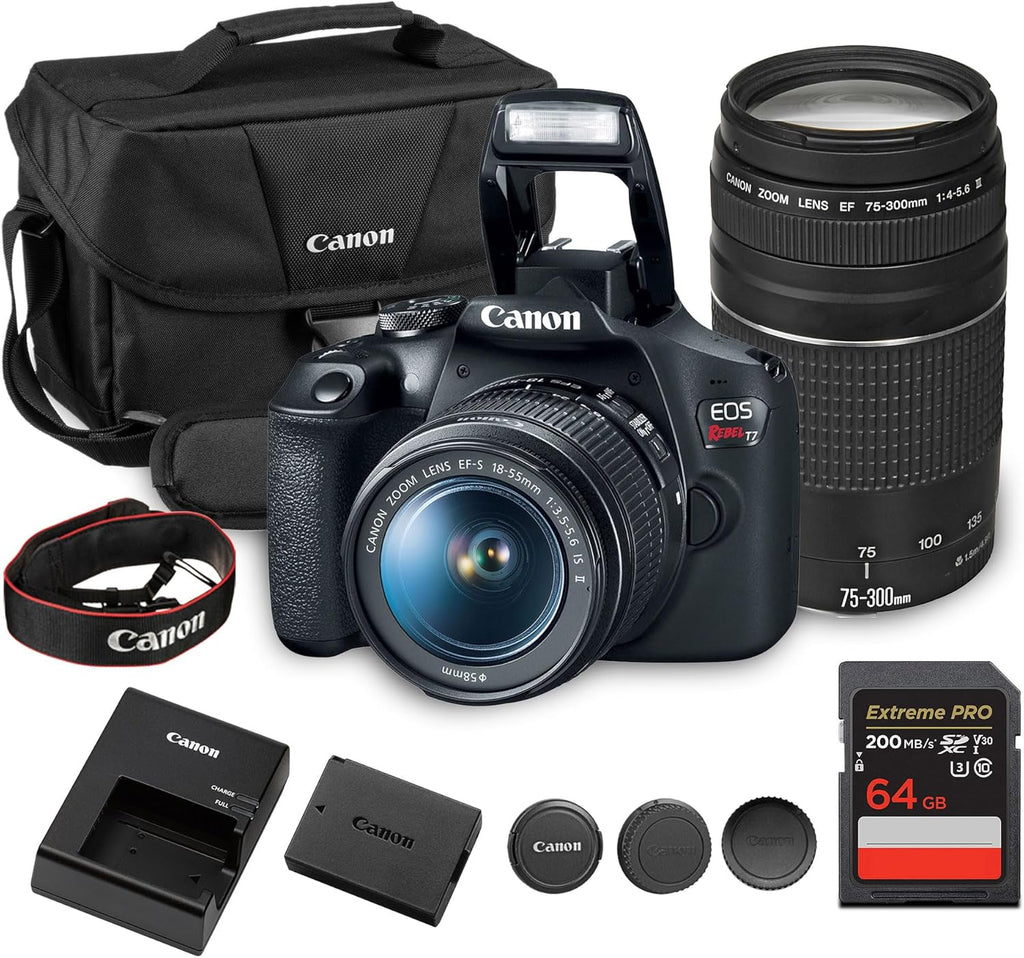 Canon EOS Rebel T7 DSLR Camera Kit | 24.1MP APS-C Sensor with EF-S 18-55mm & 75-300mm Lenses | Full HD 1080p Video Compact Beginner-Friendly Photography (2727C002) + Bag + 64GB Card