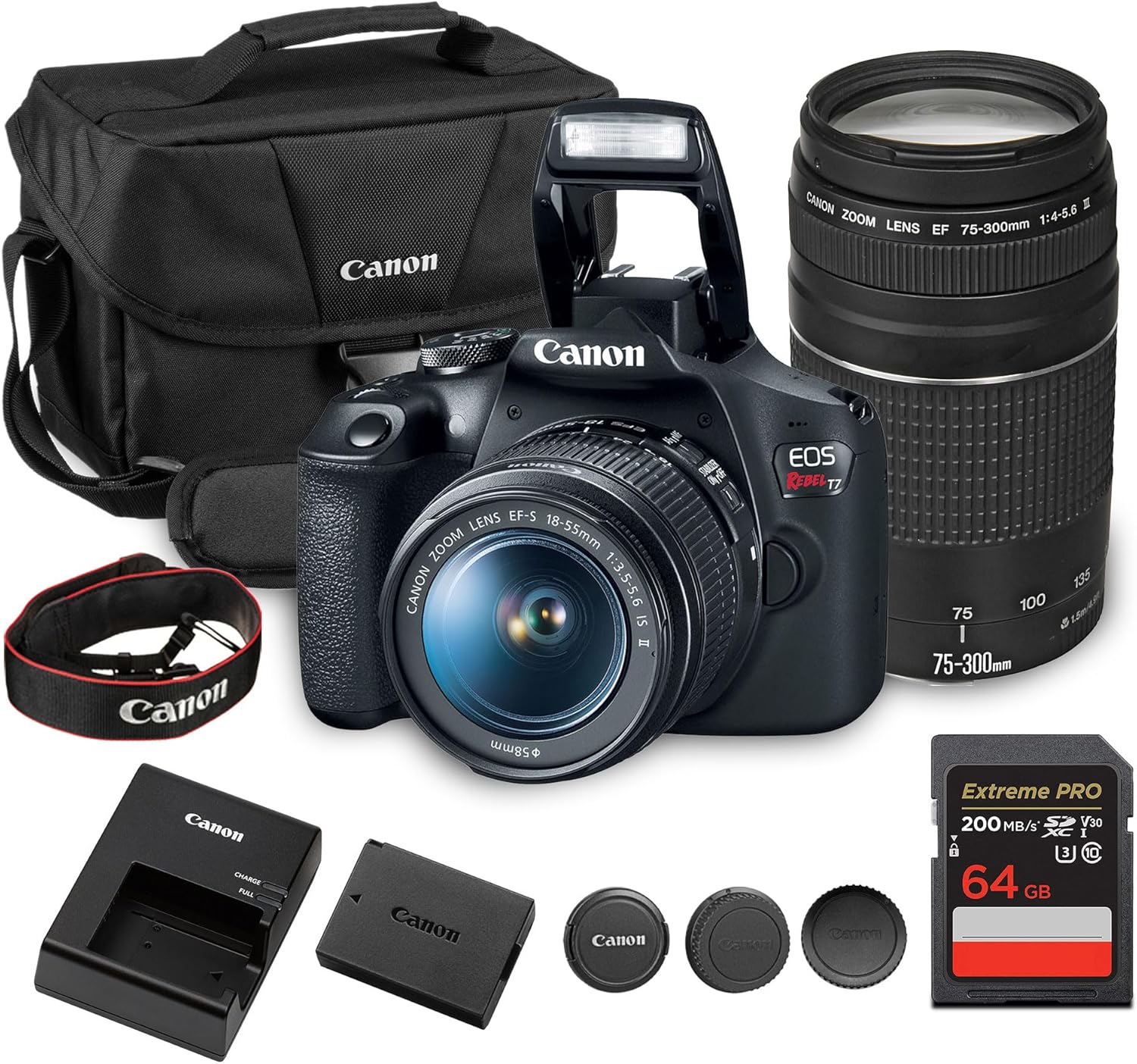 Canon EOS Rebel T7 DSLR Camera Kit | 24.1MP APS-C Sensor with EF-S 18-55mm & 75-300mm Lenses | Full HD 1080p Video Compact Beginner-Friendly Photography (2727C002) + Bag + 64GB Card