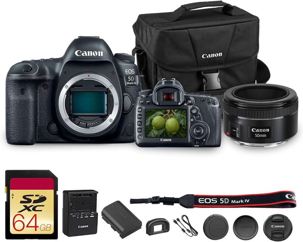 Canon EOS 5D Mark IV DSLR Camera 30.4MP Full Frame with 4K Video, Dual Pixel AF, Wi-Fi, GPS | Pro Photography Camera for Portraits, Landscapes, and Video + Canon 50mm f/1.8 Lens + Bag + 64GB Card