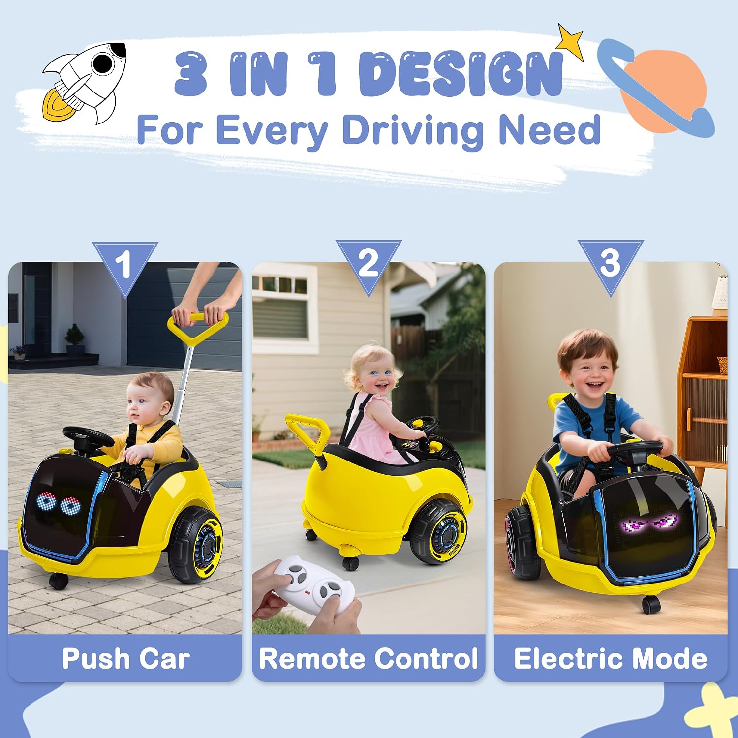 ANPABO 3-in-1 Electric Push Ride On Car, 12V Kids Ride On Toy w/Remote Control, 360° Spin, LED Display, 5-Point Safety Belt, Colorful LED Light, Music Player, Push Car for Toddler Ages 1-3 (Yellow)