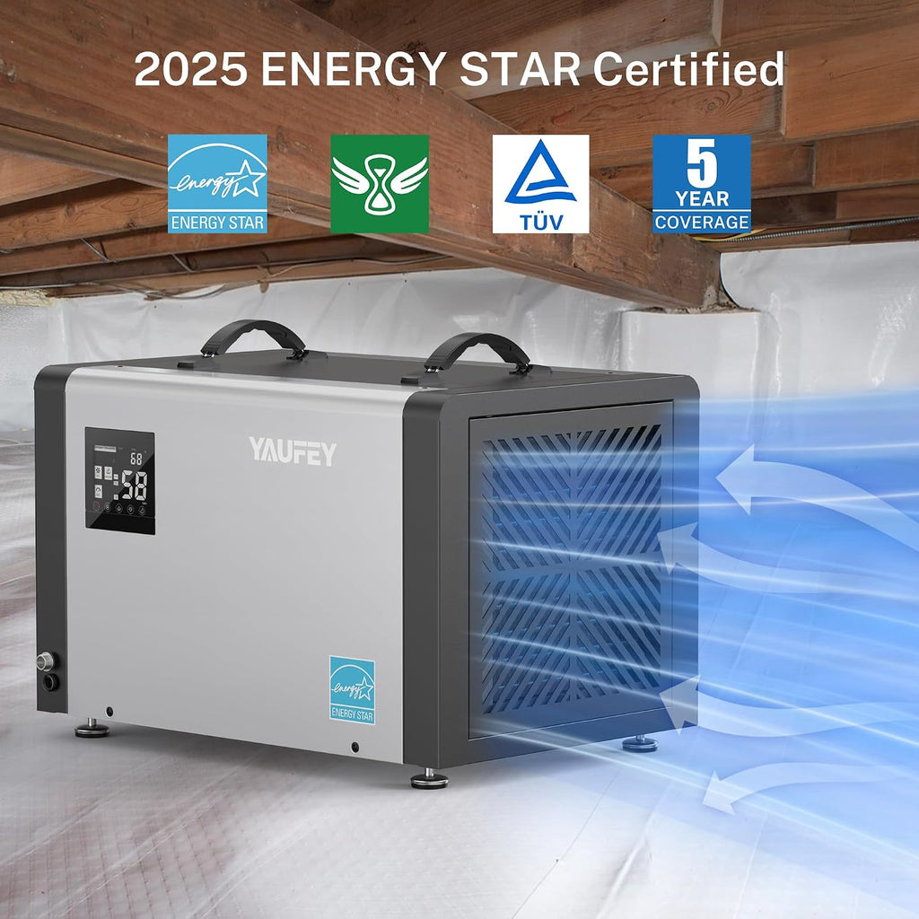 Yaufey 70 Pints Energy Star Commercial Dehumidifier with Pump for 5000 Sq. Ft. Crawl Space, Basement, Industrial, 10-90% RH Humidity Control, 24/7 Continuous Drainage, TUV Certified, 5-Year Coverage