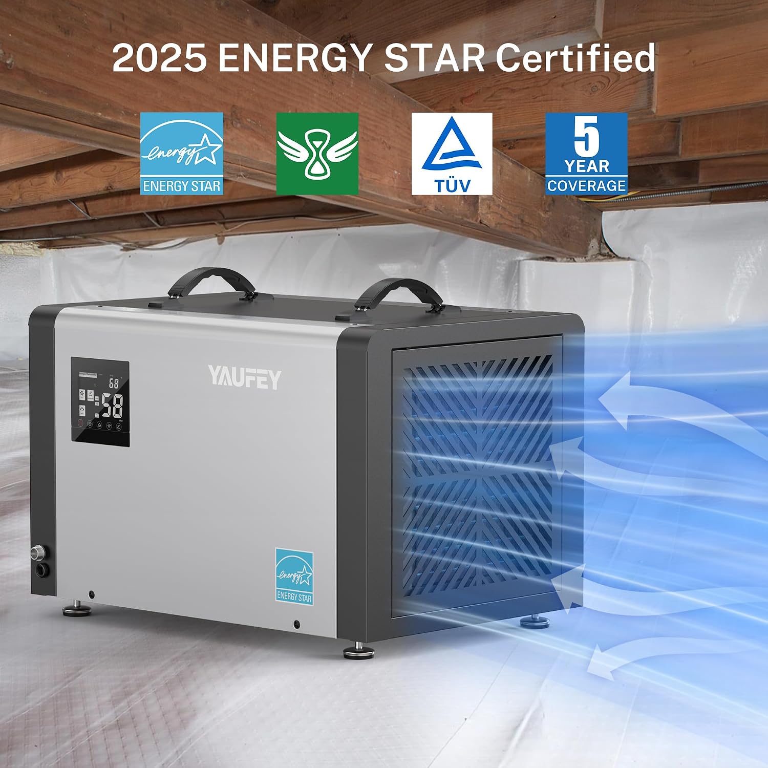 Yaufey 70 Pints Energy Star Commercial Dehumidifier with Pump for 5000 Sq. Ft. Crawl Space, Basement, Industrial, 10-90% RH Humidity Control, 24/7 Continuous Drainage, TUV Certified, 5-Year Coverage