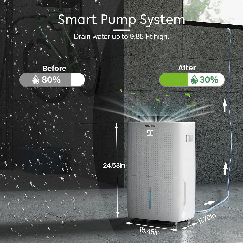 Waykar 150 Pint 7,000 Sq.Ft Dehumidifier with Pump for Basement & Home, Large Room, Smart Compressor Dehumidifier with Drain Hose & Tank for Commercial, 30–80% RH Control, 90° Auto Swing, Auto Defrost