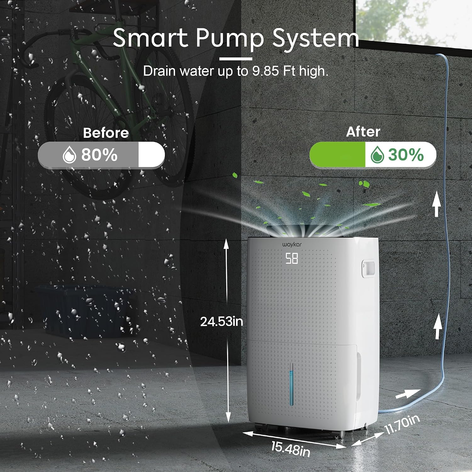 Waykar 150 Pints 7,500 Sq. Ft High Efficiency Dehumidifier with Pump for Commercial and Industrial Large Room, Basement, Home, Storage, Warehouse with Drain Hose and Water Tank