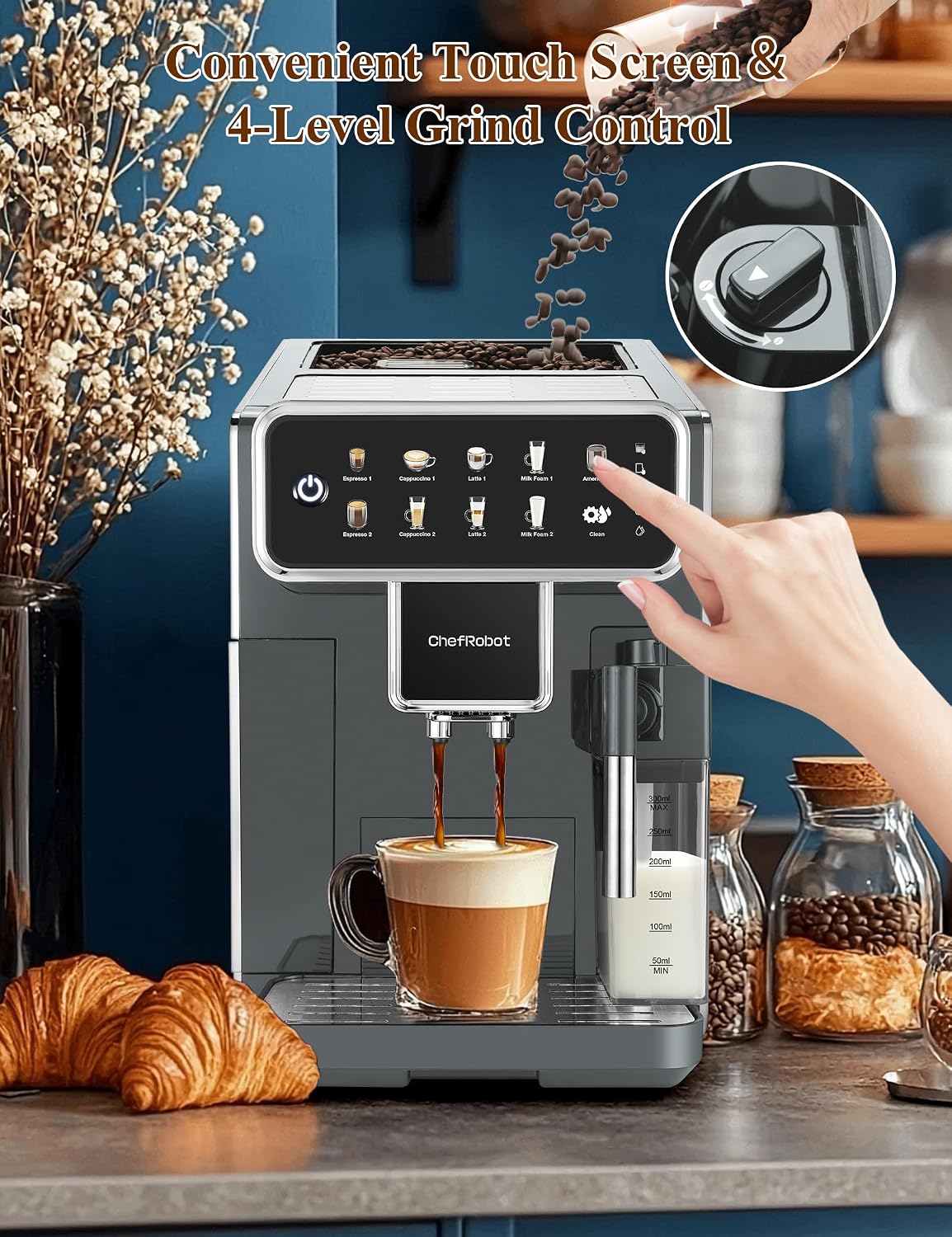 Chef Robot Automatic Espresso Machine Coffee Maker 12 Cup with Grinder Cappuccino Latte Americano Machine with Milk Frother for Home/Office (Gray)