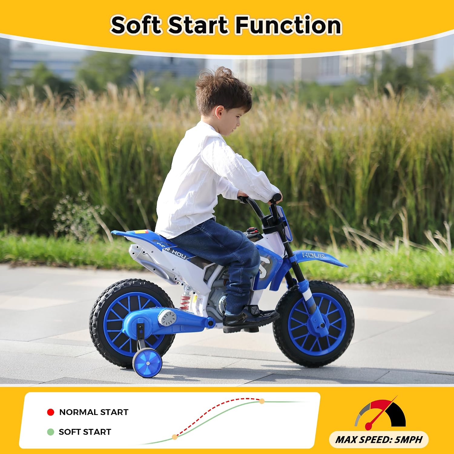 TOBBI Kids Motorcycle Dirt Bike 12V Electric Motorcycles Ride on Toys Battery Powered Motorbike Off-Road Motocross for Toddler Boys Girls 3-8 Years w/ 2 Speeds, 35W Dual Motors, Training Wheels, Blue