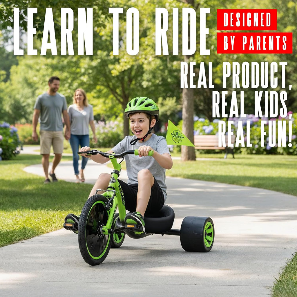 Drift Trike for Kids Ages 5+ 16' Front Wheel Ride-On with Adjustable Seat, Steel Frame, Rear Slick Drift Wheels & Safety Flag – Madd Gear Green Black
