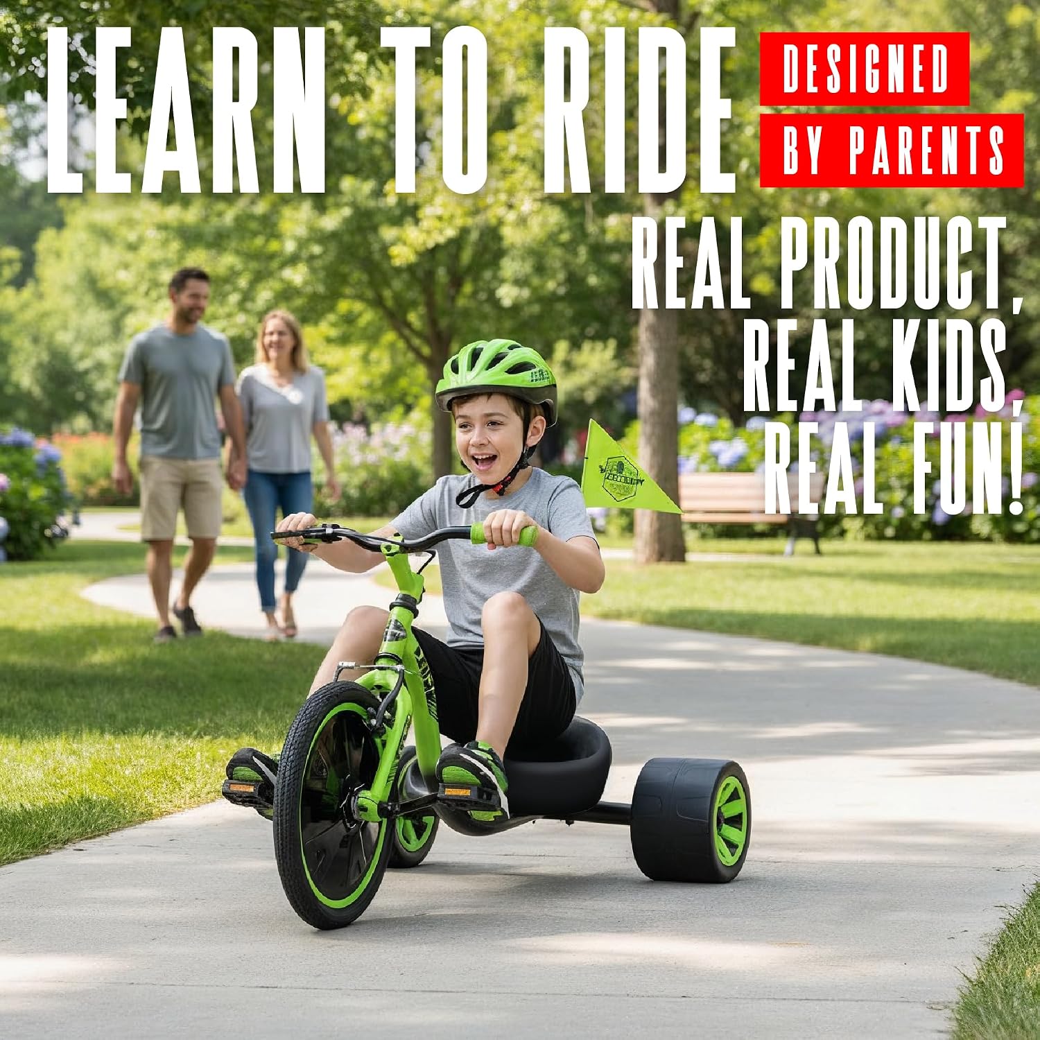 Drift Trike for Kids Ages 5+ 16' Front Wheel Ride-On with Adjustable Seat, Steel Frame, Rear Slick Drift Wheels & Safety Flag – Madd Gear Green Black