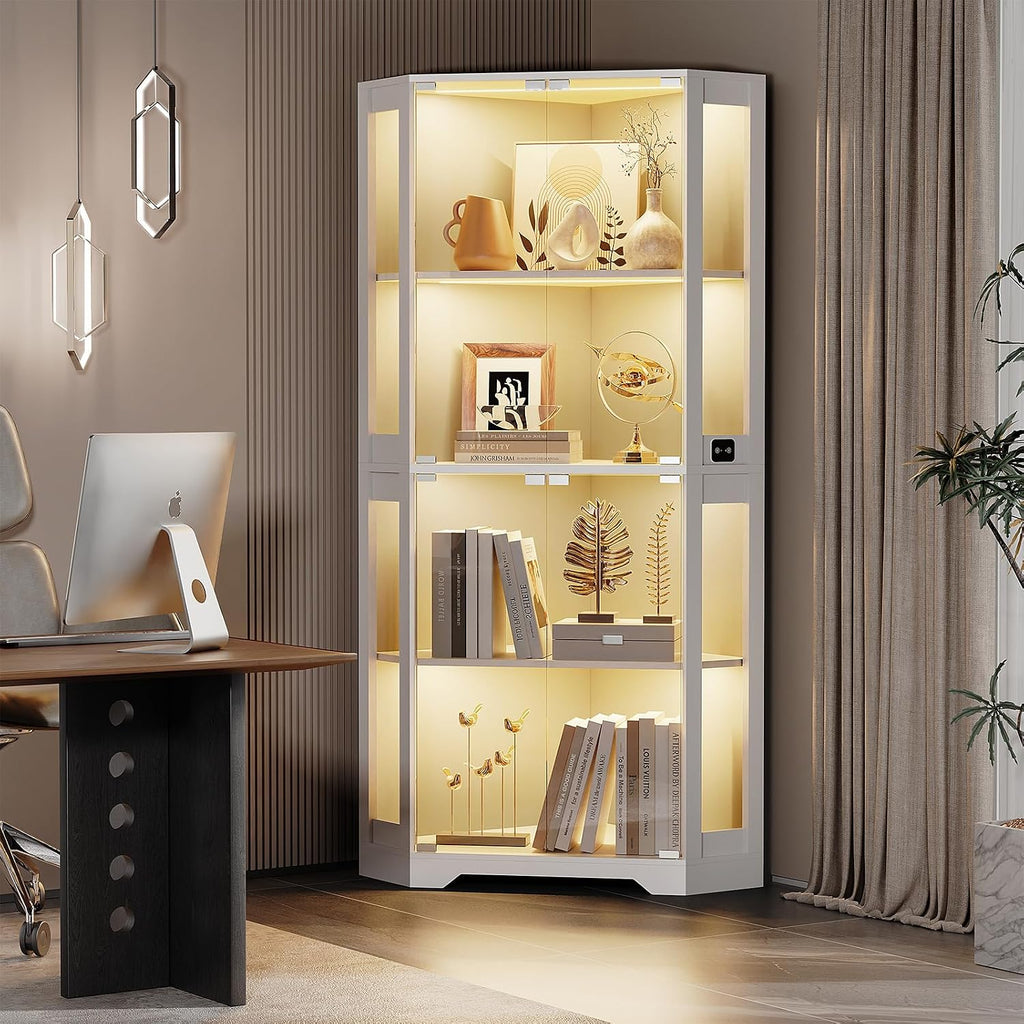 BROTTAR Corner Display Cabinet with Glass Doors, 65' Lighted Curio Display Case with 3 Color Lights for Collectibles, Books, 4-Tier Bookcase with Human Body Sensor, White