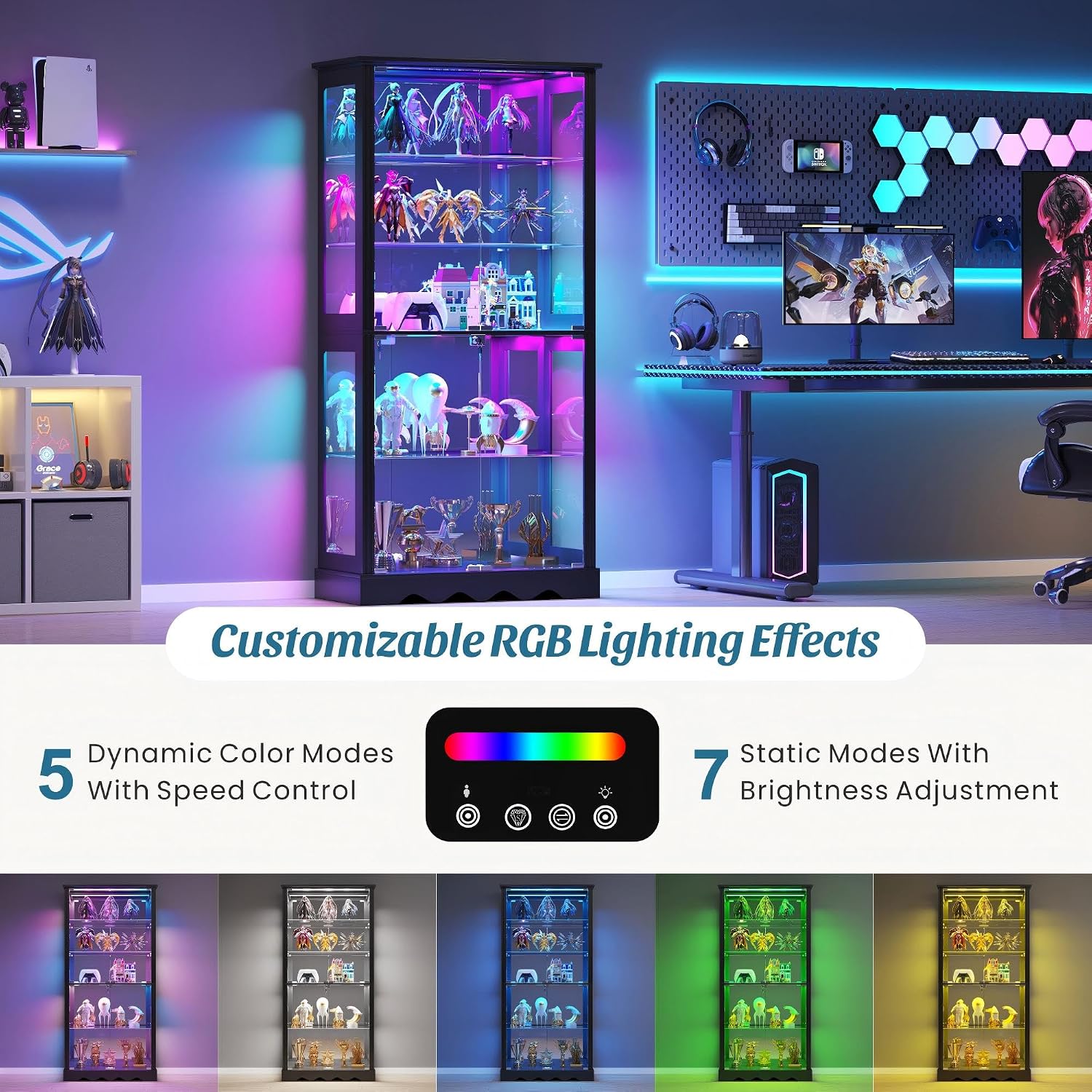 Dystler Display Cabinet with Glass Doors, 71'' Tall Curio Cabinet with RGB Lights for Collectibles, LED Display Case with Removable Shelf for Book/Medal/Figure, Black