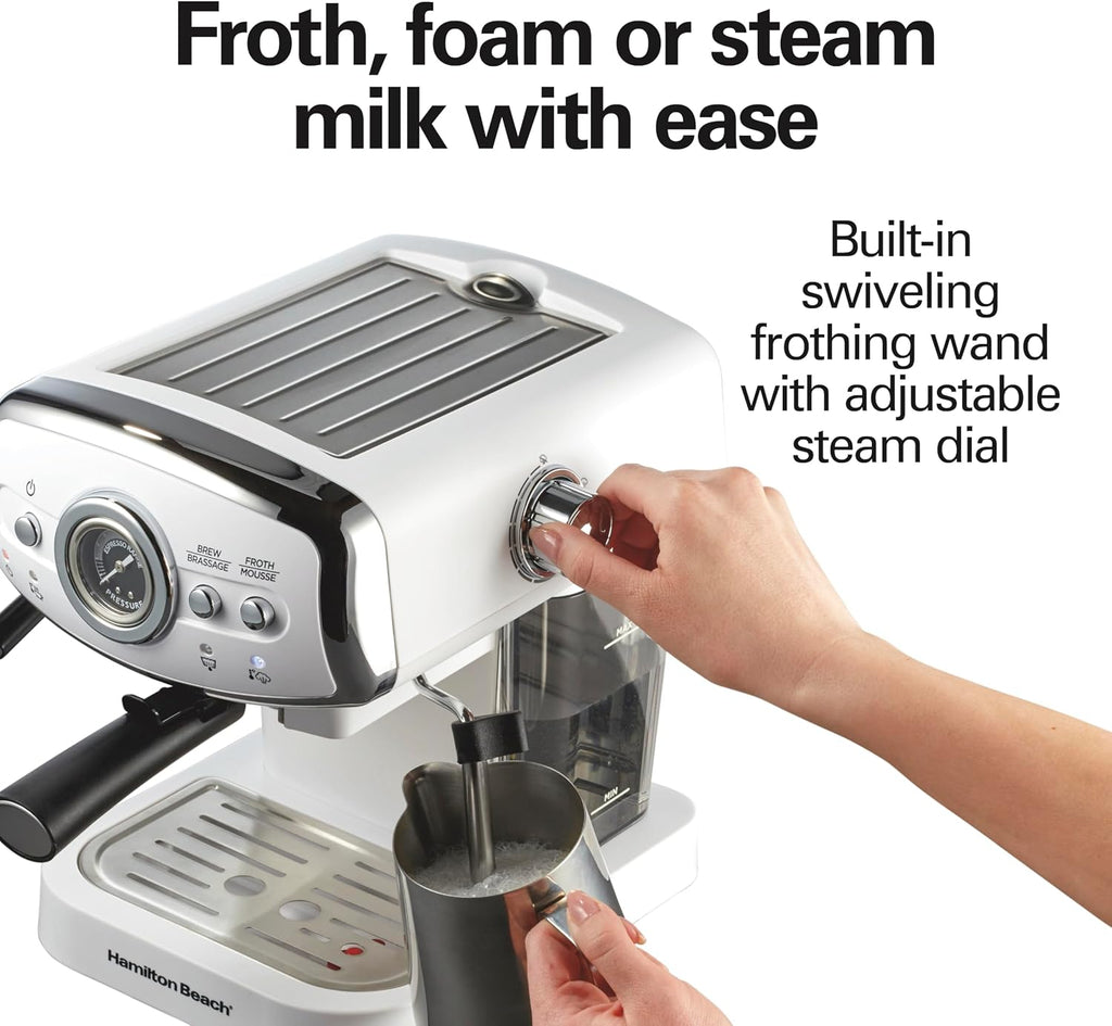 Hamilton Beach Slide & Lock Espresso Machine With Milk Frother Steam Wand For Cappuccino & Latte, 15 Bar Pump and Two Spouts, Removable Reservoir, Compact, Retro Design, White (40731)