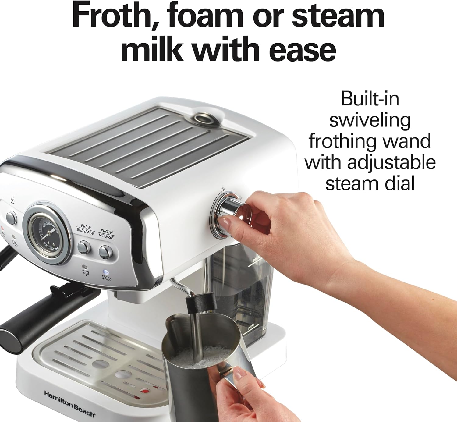 Hamilton Beach Slide & Lock Espresso Machine With Milk Frother Steam Wand For Cappuccino & Latte, 15 Bar Pump and Two Spouts, Removable Reservoir, Compact, Retro Design, White (40731)