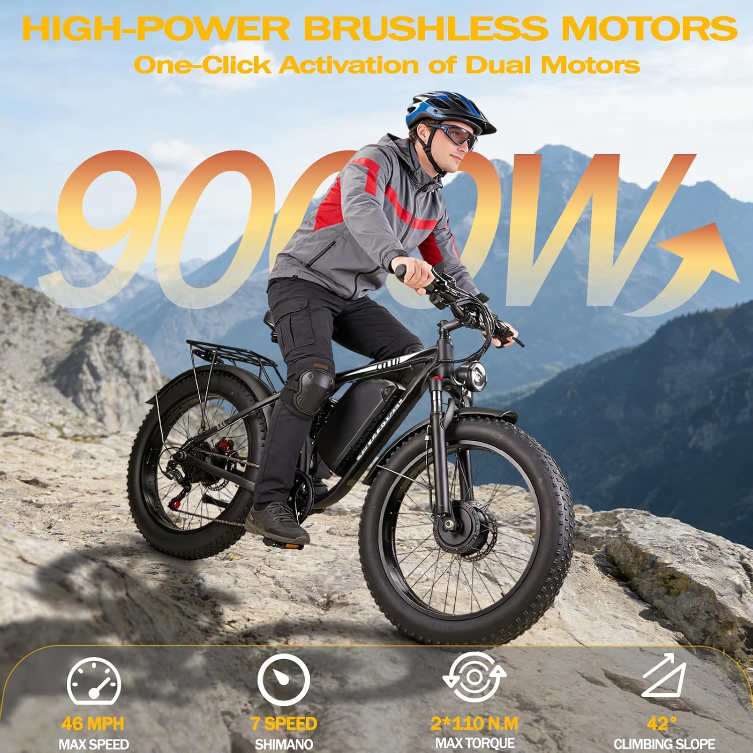 Peak-9000W-Dual-Motor-Electric-Bike for Adults, 52V 34AH Battery Up To 105 Miles, 42-46M PH Fast-Dual-Motor-Ebike,24'*4' Full-Suspension-Women-Men-Fat-Tire-Electric-Bicycle for Mountain Snow Off-Road