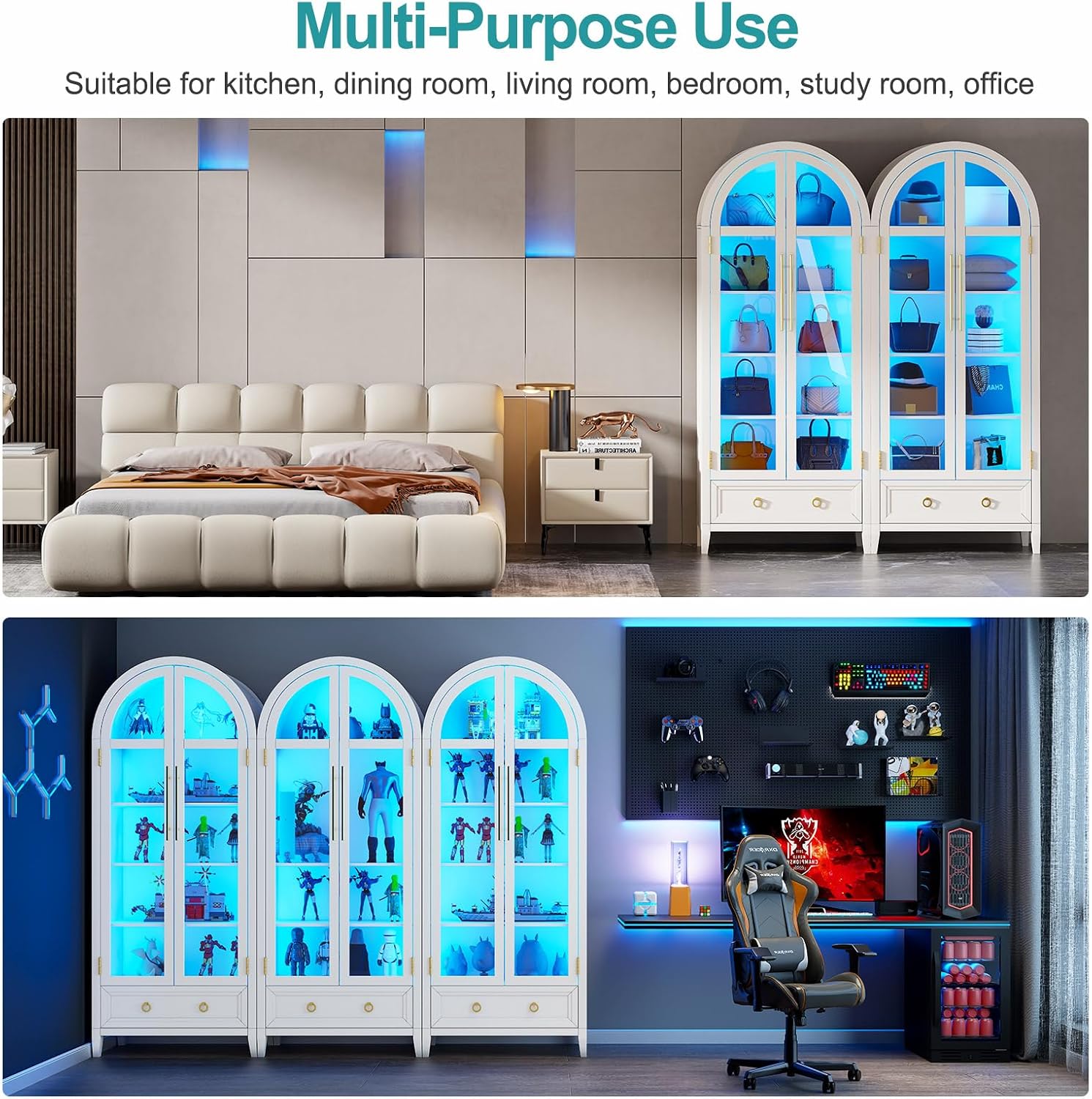 Lvifur 73' Tall Arched Display Cabinet with Glass Doors,4-Tier Curio Cabinets with 3 Color Lights for Collectibles,LED Storage Cabinet with Human Body Sensor,Ajustable Shelf for Toys, Books,White
