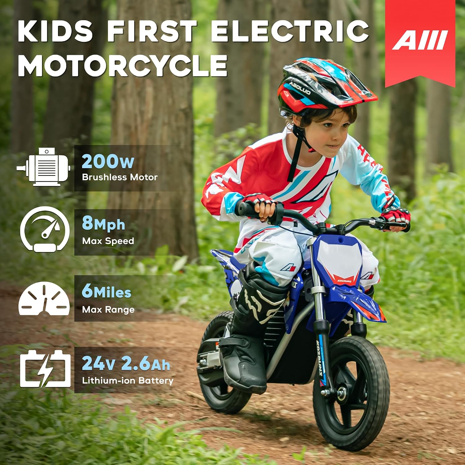AIII Electric Dirt Bike for Kids 3-7, High Performance Racing Grade Motorcycle, Up to 8MPH, 2 Speed Settings, 12-Inch Off-Road Tires, Rear Disc Brakes & Advanced Shock Absorption, Blue