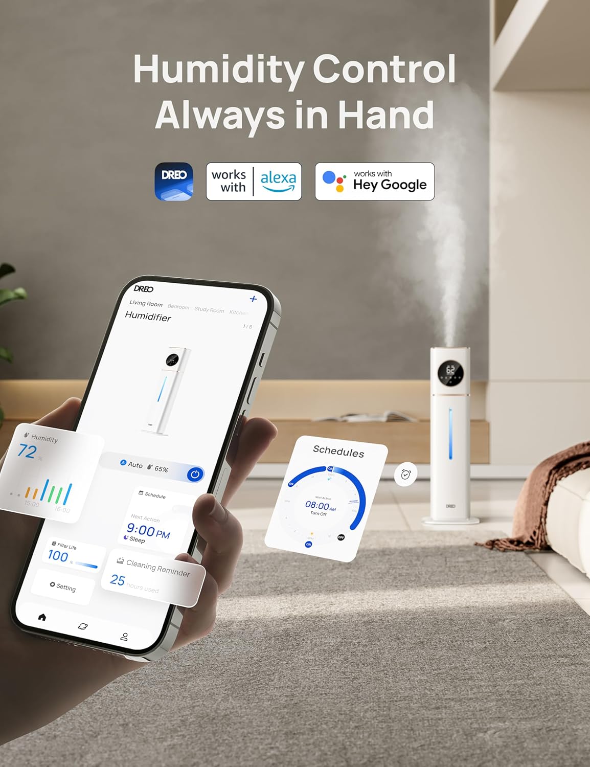 DREO HM735S 11L Smart Humidifier Large Room 700 ft², 100H Cool Mist Air Humidifiers for Bedroom, Top-Fill, Clean Tank Technology, 26dB, Auto Mode, Aroma Box, RGB, Remote & APP Control, Baby, White