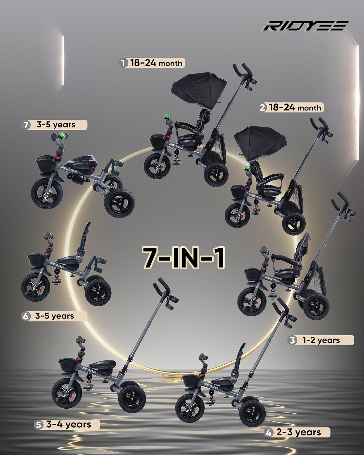 RIDYEE 7-in-1 Folding Toddler Tricycle for 18 Months to 5 Years, Tricycle Stroller with Dual Brakes, All-Terrian Rubber Tire, Tricycle for Toddlers with Rotatable Seat, Adjustable Push Handle, Grey