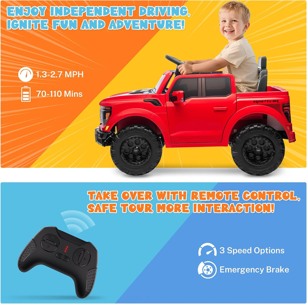 ENYOPRO 12V Licensed Ford Raptor Kids Ride On Truck, Electric Toy Car for Children w/Parent Remote Control, LED Lights, Bluetooth, Battery-Powered Ride On Car for Boys & Girls Ages 3 and Up, Red