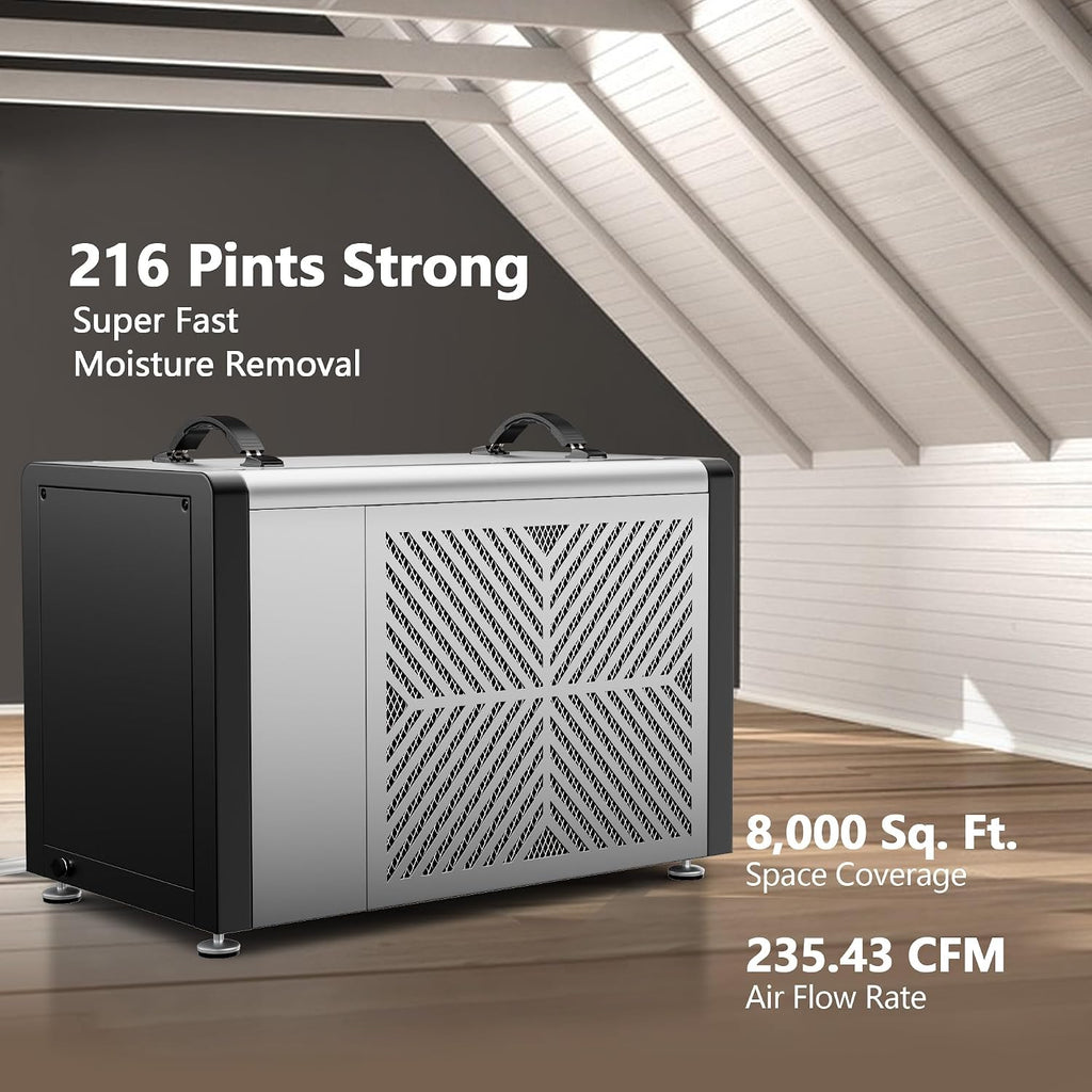 Yaufey 216 Pints Commercial Dehumidifier with Pump for 8000 Sq.Ft. Crawl Space, Basement, Industrial Area, 10-90% RH Humidity Control, 24/7 Running Continuous Drainage, TUV Certified, 5-Yr Coverage