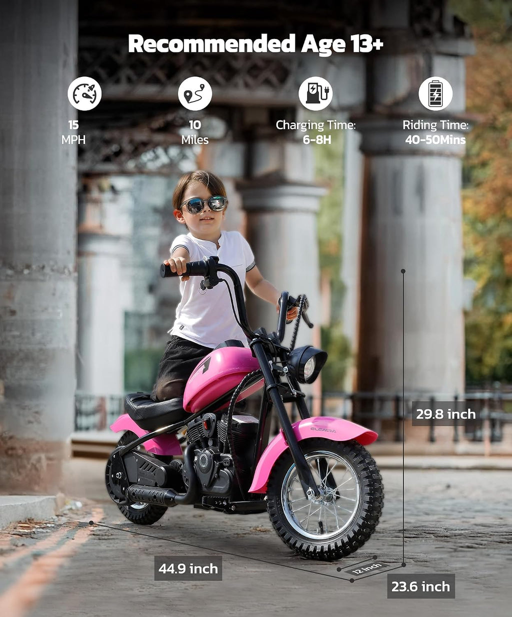 ELEMARA Electric Dirt Bike, 15 mph & 150lb Max, 24V Ride on Toy for Big Kids w/LED Lights & Power Display,Chain-Driven Motor,Twist-Grip Throttle, Shock Springs,Handbrake,12' Air-Filled Tires-Pink