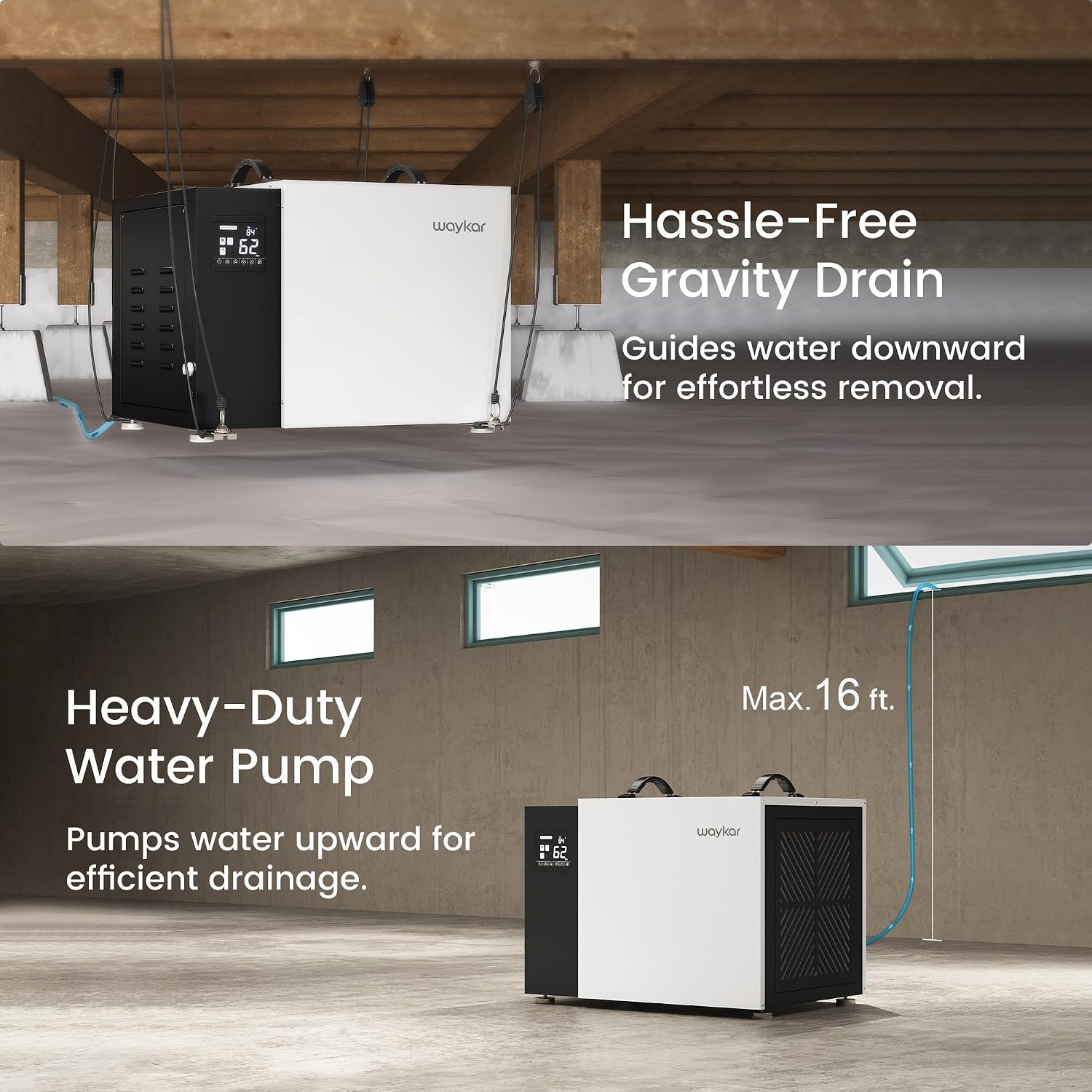 Waykar 158 Pint Crawl Space Dehumidifier with Pump & Drain Hose for Basements, Commercial & Water Damage Spaces up to 7500 Sq. Ft., Compact, Strong Dehumidification, 5-Year Quality Coverage