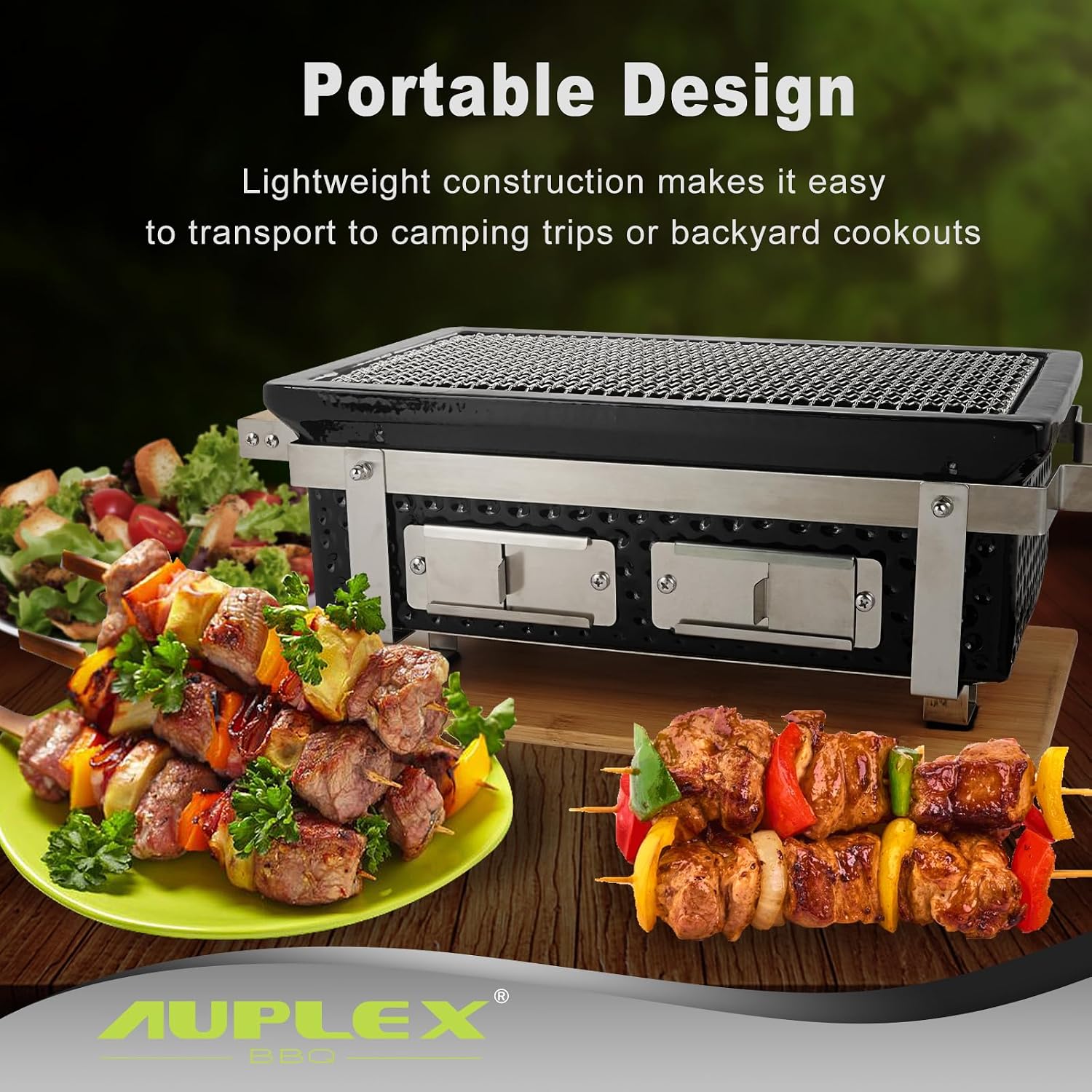 Yakitori Ceramic Charcoal Grill, Japanese Style Tabletop BBQ With Bamboo Heat Shield For Indoor/Outdoor, Square, 16'x9'