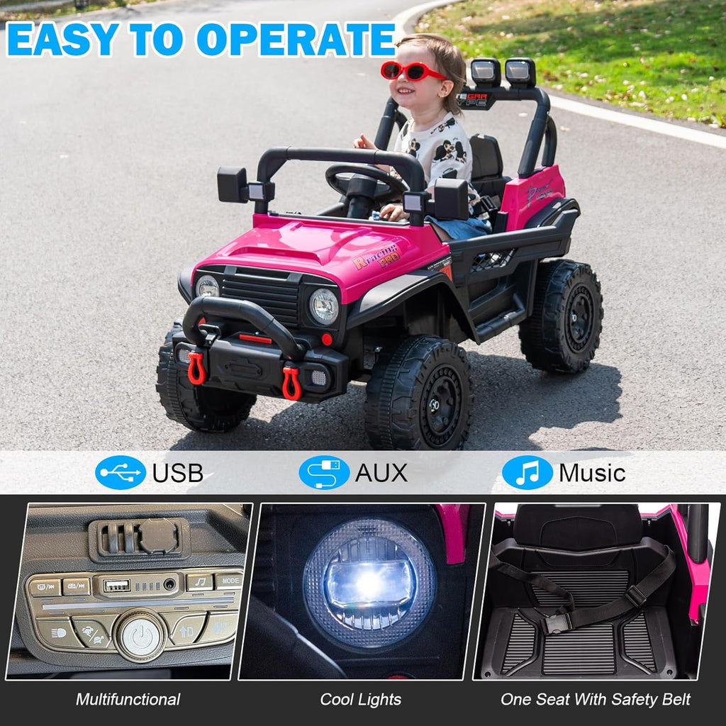RunFast 24v Ride on Car with Remote Control,Electric Ride on Toys Car for Kids 3-8,3.7mph Max Speed,Battery Powered,Large Seat with Safety Belt,Aux Port,Gift for Boy & Girl (Pink, 24V)