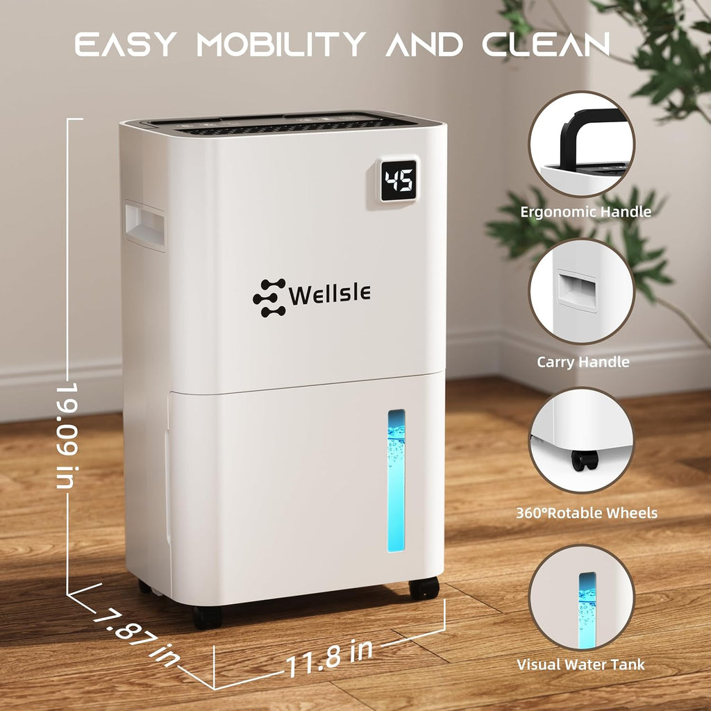 3500 Sq.Ft Dehumidifier, Wellsle 50 Pint Dehumidifiers for Home and Basement with Drain Hose, Ultra-Quiet Bedroom Dehumidifier - Intelligent Humidity Control - 24 Hour Timer