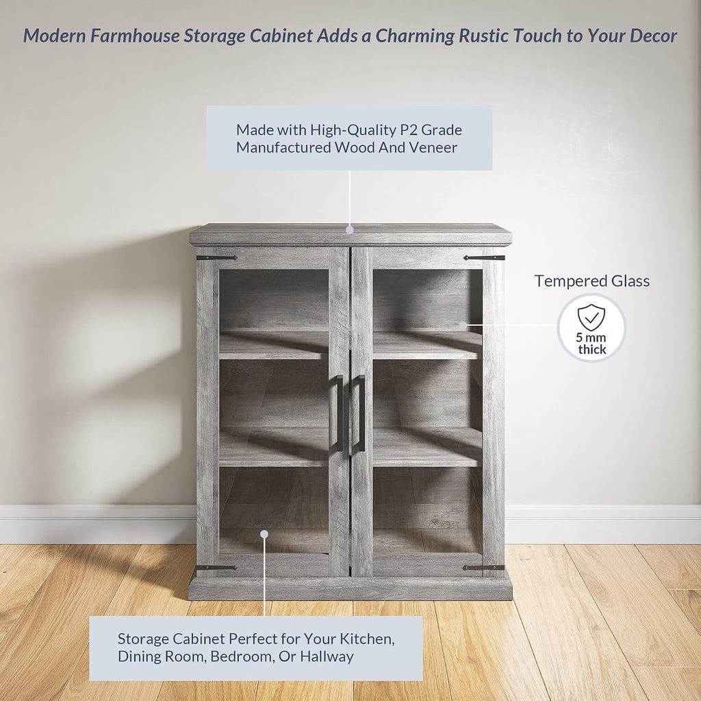 BELLEZE Set of 2 Glass Display Cabinet, 36' Tall Cabinet with Shelves and Glass Doors for Entryway, Living Room, Hallway, or Kitchen - Ashford (Gray Wash)