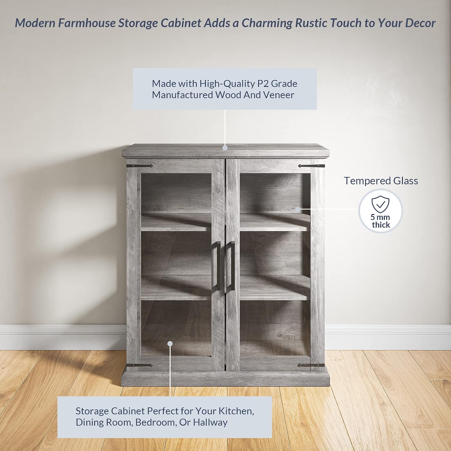 BELLEZE Set of 2 Glass Display Cabinet, 36' Tall Cabinet with Shelves and Glass Doors for Entryway, Living Room, Hallway, or Kitchen - Ashford (Gray Wash)