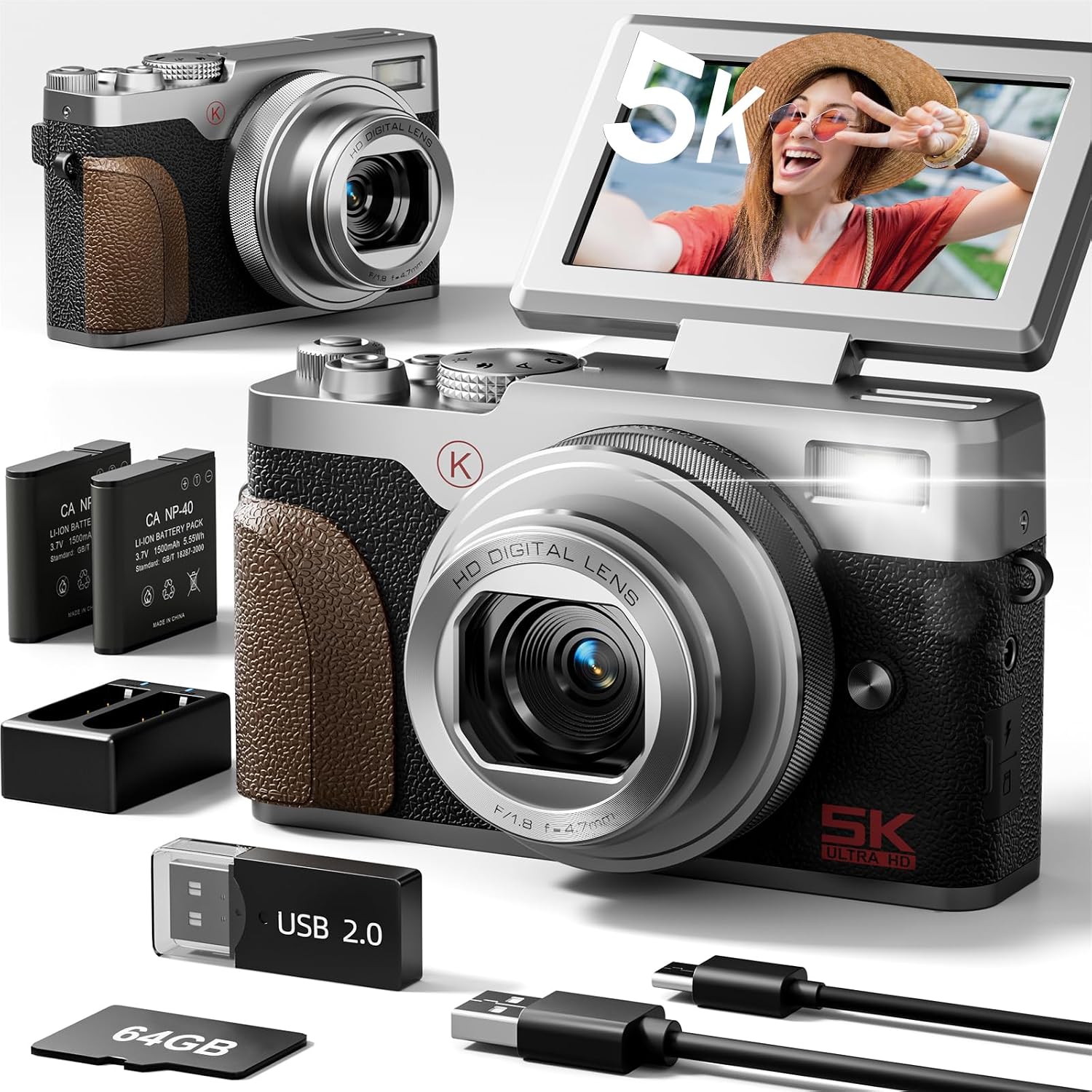 NBD 5K 64MP Digital Camera for Photography with 18X Zoom,2026 Upgraded Autofocus Vlogging Camera,Point and Shoot Digital Cameras with 2 Batteries,64GB TF Card,Flash, Anti-Shake(Silver)