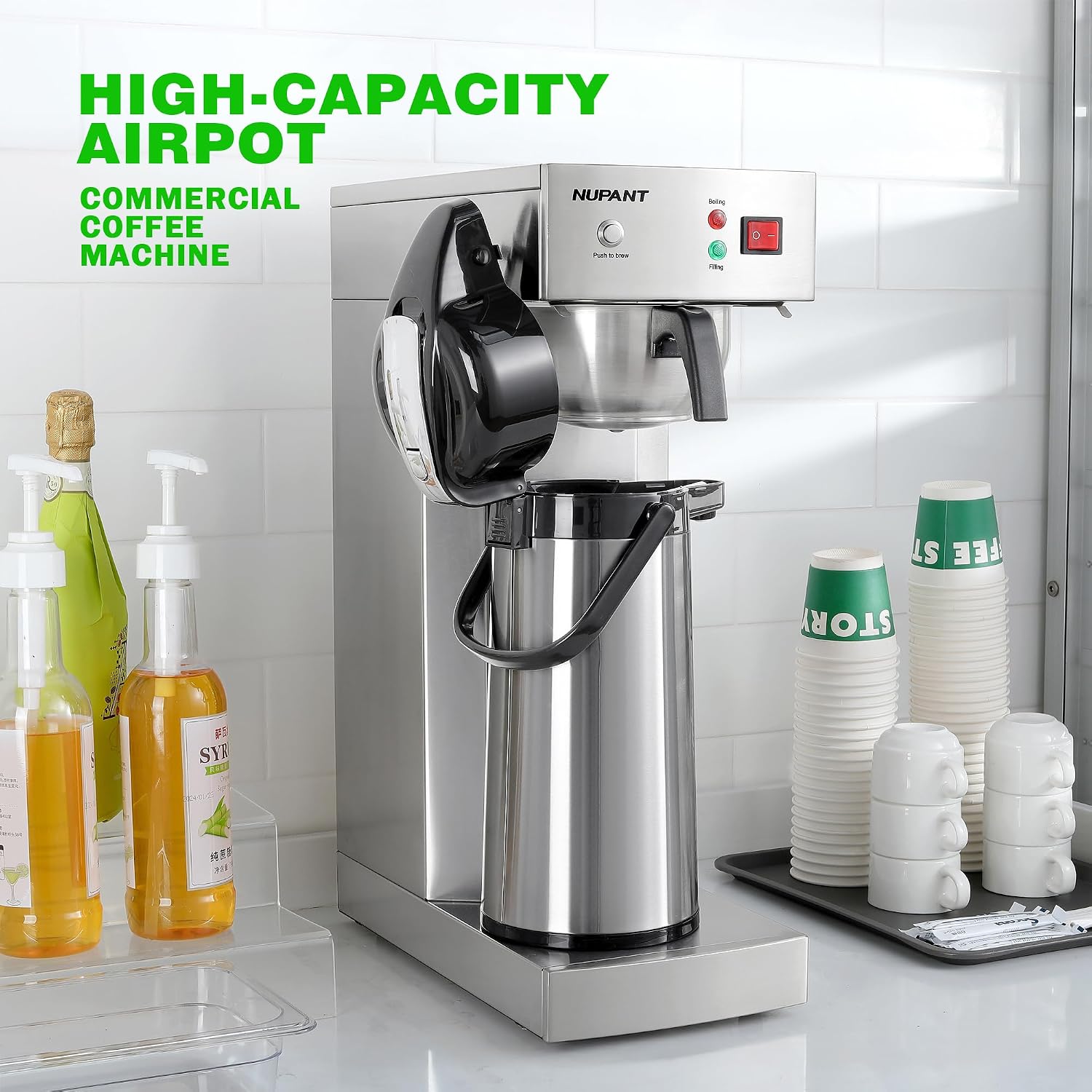 NUPANT Auto-Filling Commercial Airpot Coffee Brewer 2.2L/74oz Dirp Coffee Maker Machine with 24 Hours Hot Thermal Carafe Stainless Steel Pour Over Coffee Dispenser 120V/1450W for Restaurant Office