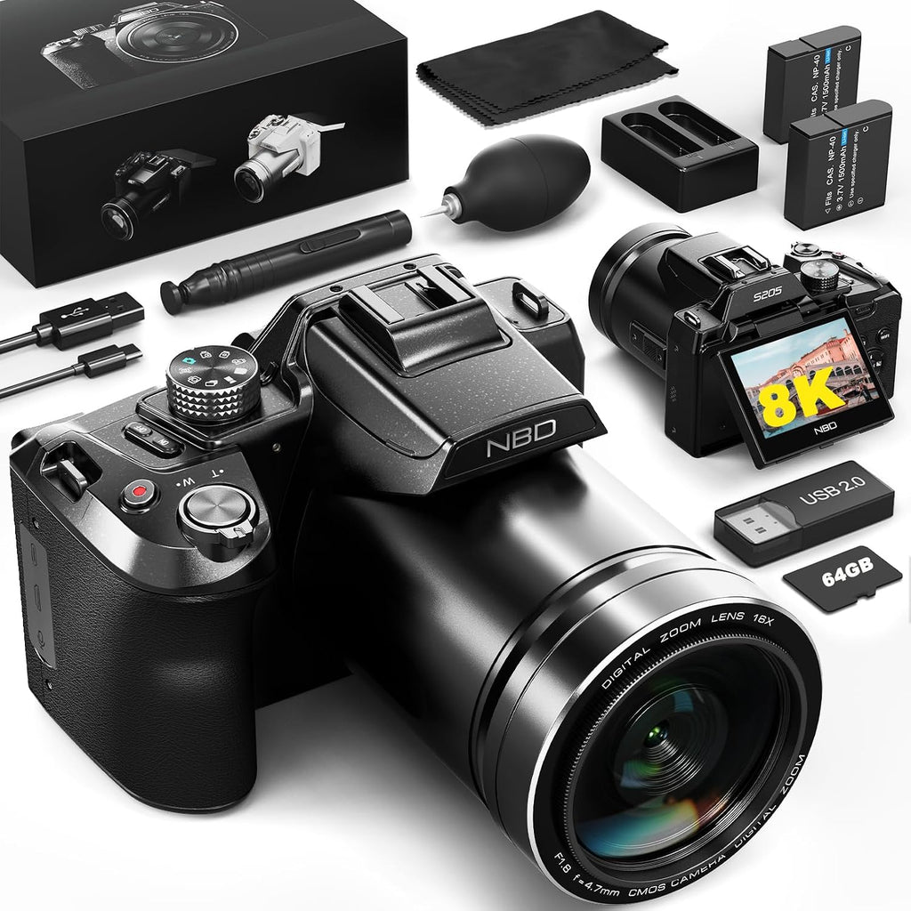 8K Digital Camera, 64MP Cameras for Photography with 2.8' Flip Screen, 16X Zoom, WiFi & Autofocus, Vlogging Camera for YouTube, Includes 64GB Card & 2 Batteries (Black)