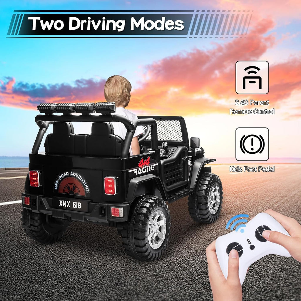 SEHOMY 2-Seater Kids Electric Car, 12V Truck Power Wheels with Remote Control - 110LBS Max Load, 19'' Wide Seat, Spring Suspension, Music, Battery Powered Kids Ride on Car Black Vehicles for Boy Girl