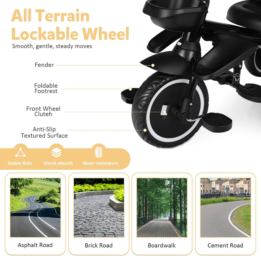 TODEFULL Folding Kids Tricycle, 8 in 1 Toddler Trike W/Removable & Adjustable Canopy, Parent Handle, 5-Piont Harness, Toddler Bike Tricycle for Kids 1-6 Years, EVA Wheels, Storage Basket, Khaki